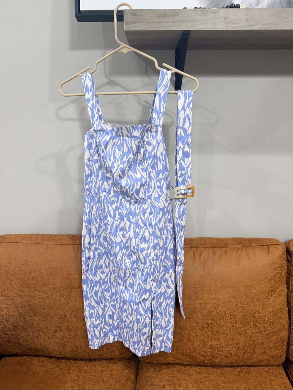 Blue & White Print Midi Dress with Adjustable Belt